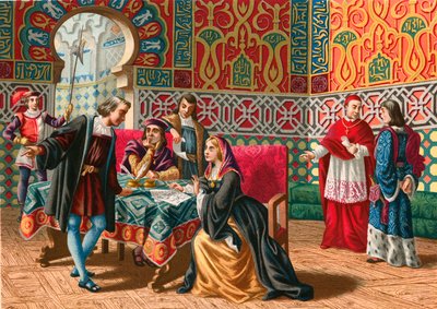 Möte mellan Columbus och Ferdinand och Isabel innan upptäcktsfärden av Spanish School