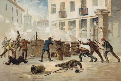 Medlemmar av den nationella milisen i Valencia vägrar att avväpna, Spanien, 1873 av Spanish School