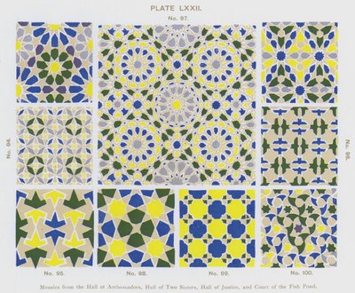 Mosaik från Hall of Ambassadors, Hall of Two Sisters, Hall of Justice och Court of the Fish Pond (färg litho) av Spanish School