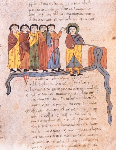 Moses får vattnet att rinna från klipporna vid Horeb, 2 Mosebok 17 1-7, från St. Isidores visigotisk-mozarabiska bibel, fol.40v., A.D. 960 (tempera på vellum) av Spanish School