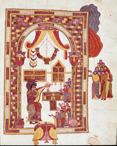 Mozarabisk konst: "" Jerusalems tempel, Aron representeras som en överstepräst framför ett altare." Miniatyr från en mozarabisk bibel. 900-talet. Leon. Bibliotek för Royal Collegiale of Saint Isidore. Spanien av Spanish School