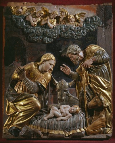 Nativity, detalj av en renässansaltartavla (målat och förgyllt trä) av Spanish School