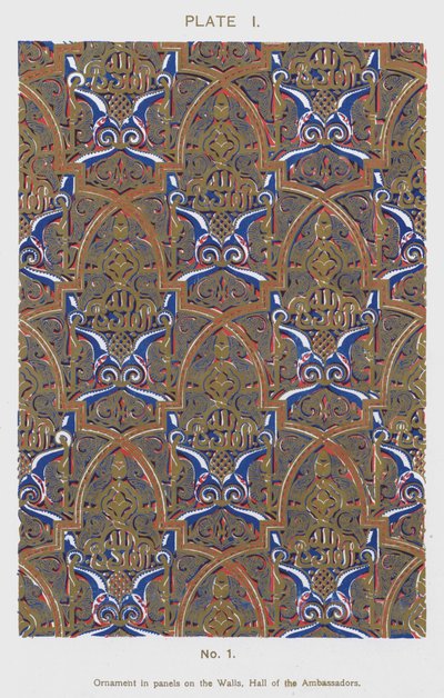 Prydnad i paneler på väggarna, Hall of the Ambassadors (färg litho) av Spanish School