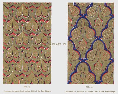 Prydnad i valvbågar, Hall of the Two Sisters, Ornament i spandrills av bågar, Hall of the Abencerrajes (färg litho) av Spanish School