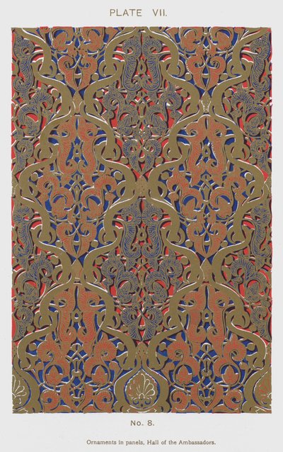 Ornament i paneler, Hall of the Ambassadors (färg litho) av Spanish School