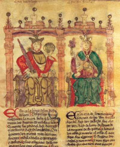 Pelagius (685-737), grundare av Asturiens kungarike och hans barnbarn Fruela I (722-68) (pigment på veläng- av Spanish School