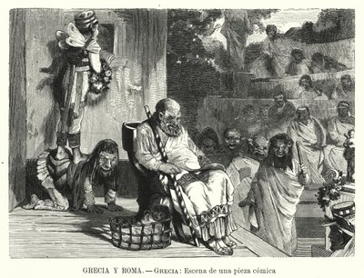 Föreställning av en komedi på en teater i antikens Grekland (litho) av Spanish School