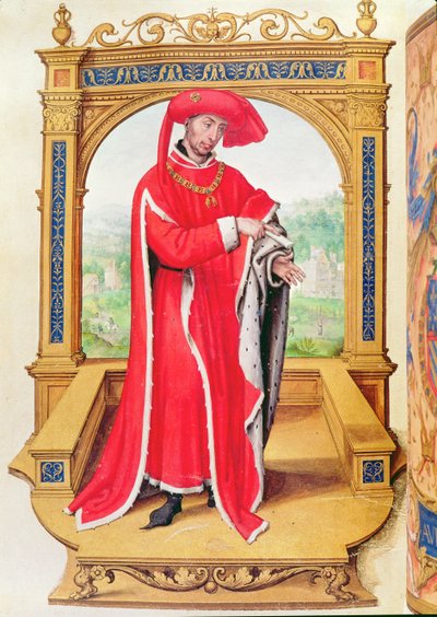 Filip den gode (1396-1467) hertig av Bourgogne, grundare av Guldfleeceorden, från Statuts de la Toison dOr av Spanish School