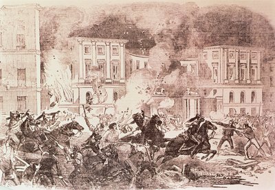 Populistiska uppror i Madrid, The Rioters försöker sätta eld på drottning Maria Christinas palats 1854 (litho) av Spanish School