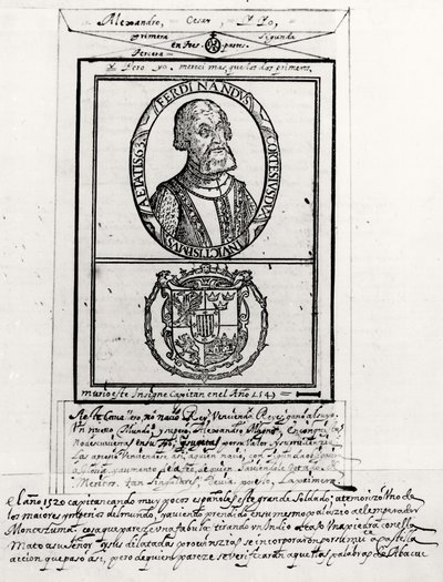 Porträtt av Hernando Cortes (1485-1547) och hans armar av Spanish School