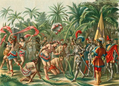 Mottagning från Anacaona, kallad Golden Flower, på Hispaniola för Bartholomew Columbus och Hermano del Almirante av Spanish School