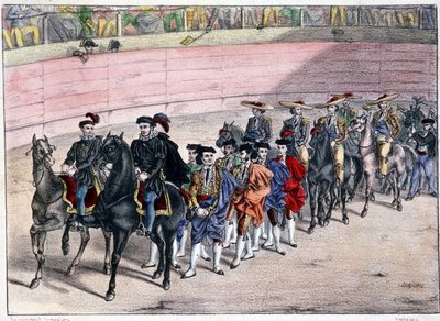 Utgivning av kvadrillen, corrida i Spanien, litografi sd. 1800-talet av Spanish School