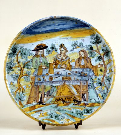 Representation av en utomhusbankett på en keramisk tallrik av Talavera de la reina (Spanien). Början av 1500-talet. Milano, Museo del Castello. av Spanish School