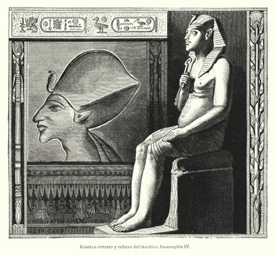 Sittande staty och relief av den fornegyptiske farao Akhenaton (Amenhotep IV) (litho) av Spanish School