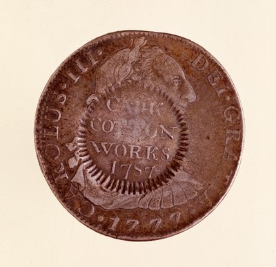 Silvermynt (8 realer) från Spanien: Karl III:s regeringstid (1759-1788). 1777 med motstämpel av 1787. Diam. 3,9 cm Neapel, museo archeologico av Spanish School