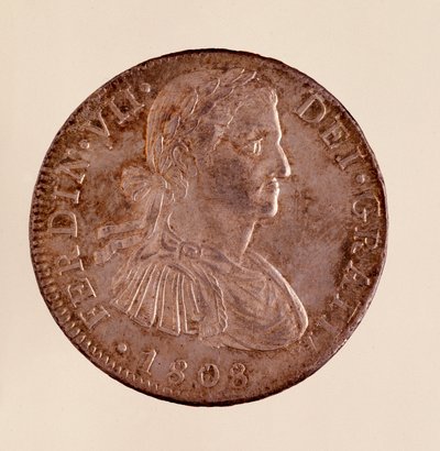 Silvermynt (8 realer) från Spanien: Ferdinand VII:s regeringstid (Ferdinando) (1808-1833). 1808 Diam. 3,9 cm Neapel, museo archeologico av Spanish School