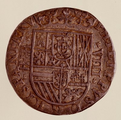 Silvermynt (8 realer) från Spanien: Filips (Filippo eller Philippe) II:s regeringstid (1556-1598). 1589 Diam. 3,5 cm Neapel, museo archeologico av Spanish School