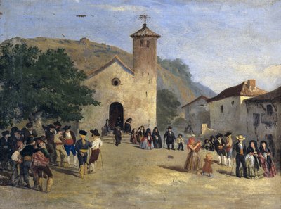 Sortie de messe - Kommer ut från en mässa. Anonym målning av Spanish School