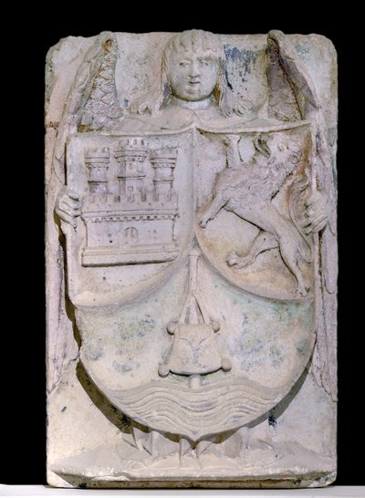 Spansk lapp från 1300-talet: Kastiliens och Leons vapensköld, pinnen av pelerin evoque Saint Jacques de Compostela, bevarad i cistercienserklostret Fontenay, Bourgogne (Kastiliens och Leons vapen, Spanien av Spanish School
