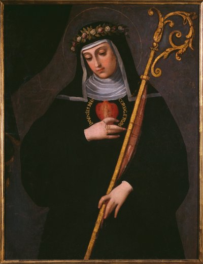 St. Gertrud den stora bär Jesu heliga hjärta av Spanish School