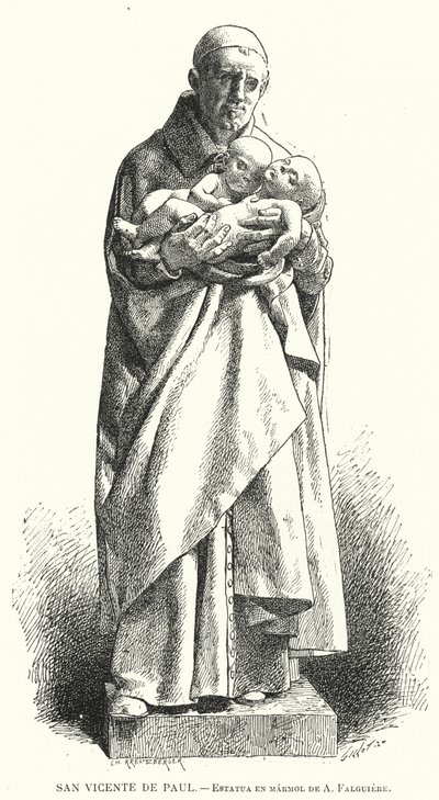 St Vincent de Paul, fransk katolsk präst, marmorstaty av Jean Alexandre Joseph Falguiere (litho) av Spanish School