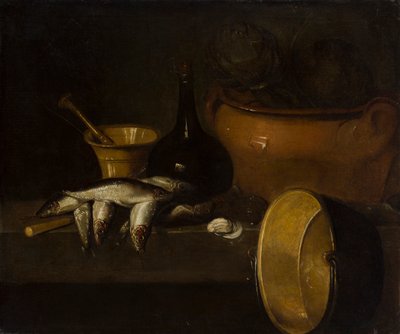 Stilleben med fisk och kronärtskockor (olja på duk) av Spanish School