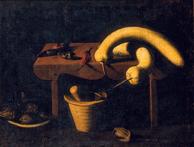 Stilleben med paprika och pumpor på en bänk med mortel och mortelstöt och döda fåglar, ca 1620 (olja på duk) av Spanish School