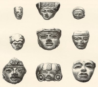 Stenhuvuden och masker hittades i Teotihuacan, Mexiko av Desiré Charnay under hans expedition 18801883 av Spanish School