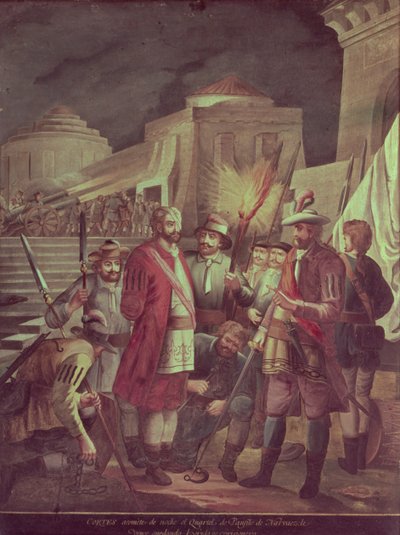 Erövringen av Mexiko: Hernando Cortes (1485-1547) attackerar distriktet Panfilo Narvaez om natten (olja på duk) av Spanish School