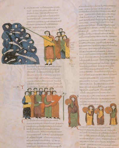 Korsningen av Röda havet och de hebreiska kvinnornas dans till ljudet av Moses och hans ackompanjatörers tamburiner, från St. Isidores visigotisk-mozarabiska bibel, fol.39., A.D. 960 (tem av Spanish School