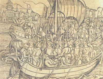 Upptäckten av den nya världen av Chrisopher Columbus (1450-1596) illustration från "General History of the Indies and New World" av Francisco Lopez de Gomara (f.1510) 1554 (gravyr) av Spanish School