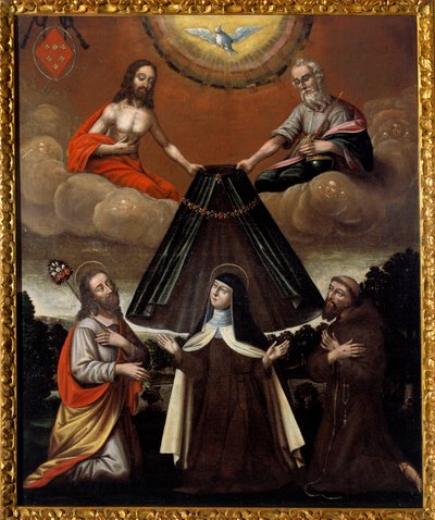 Den heliga treenigheten som håller den heliga Therese av Avilas mantel Även kallad Therese av Jesus, reformator av Karmel (död 1582). Målning av Spanska skolan. 1600-talet. Saint Denis, Museum of Art and History av Spanish School