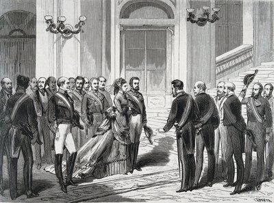 Kungen av Spanien Amedee I (Amedeo Ferdinando Maria di Savoia) (1845-1890) och hans hustru Queen Mary Victory dal Pozzo della Cisterna (1847-1876) vid deras ankomst till det kungliga palatset i Madrid den 19/03/1871. Gravyr från ""La Ilustracion Espanola y av Spanish School
