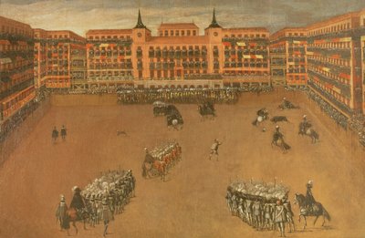 Stora torget i Madrid under festivalen för den stora tjuren av Spanish School
