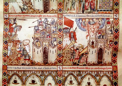 Saracenerna belägrade en kristen stad. Detalj från en sida hämtad från ett manuskript av Sankta Marias sång (Cantigas de Santa Maria), dekorerade miniatyrer tillägnade Sankta Maria och hennes mirakel, en samling sånger återupprättade under Alfons rege. av Spanish School
