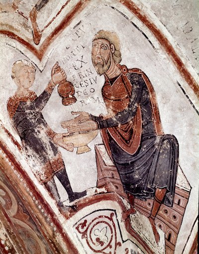 Månadernas cykel: Pontius Pilatus tvättar sina händer. Detalj av en fresk från 1100-talet från Royal Pantheon of the Real Colegiata of San Isidoro (Royal Collegiale of Saint Isidore). Leon. Spanien av Spanish School