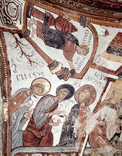Månadernas cykel: en tjänare erbjuder en drink till apostlarna (Saint Andre, Saint Barthelemy och Saint Philip). Detalj av en fresk från 1100-talet från Royal Pantheon of the Real Colegiata of San Isidoro (Royal Collegiale of Saint Isidore). Leon. Spai av Spanish School