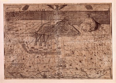 Upphävandet av Katalonien eller skördemännens krig (1640-1659), Barcelonas högkvarter till sjöss och på land av Filip IV av Spaniens trupper (1605-1665). Gravyr 1652. Stadshistoriska museum, Barcelona. av Spanish School