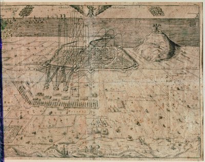 Belägringen av staden Barcelona av kung Filip IV:s trupper under skördemakarnas krig 1640-52 (gravyr) av Spanish School