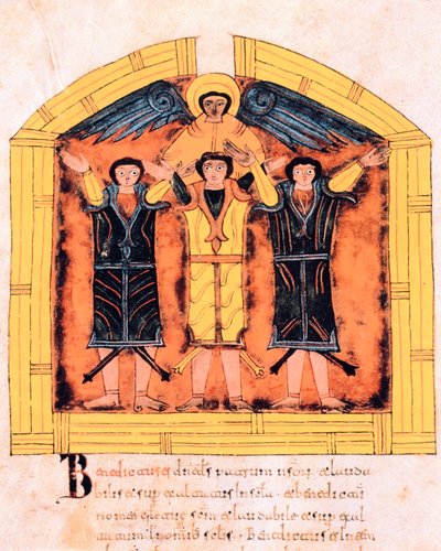 De tre hebréerna, Sadrak, Mesak och Abed-Nego, gjutna i ugnen av Nebukadnessar, fol.318v, från den visigotisk-mosarabiska bibeln från St. Isidore