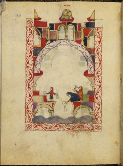 Tre kvinnor sänker ner kärl i en pool. Upplyst manuskript av en Hispano-Moresk Haggadah, ca 1300, Spanien, Or. 2737, fol. 90 (vellum) av Spanish School