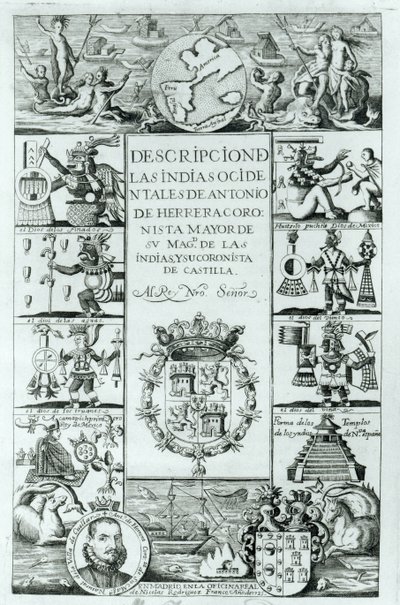 Titelsidan för Beskrivning av Västindien av Antonio de Herrera y Tordesillas, Madrid-upplagan, 1725 av Spanish School