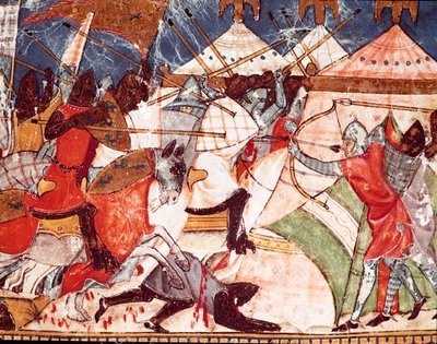 Trojankrig: Trojaner invaderar det militära lägret för grekiska krigare. Detalj av en miniatyr från det spanska manuskriptet "Codex Benito de Santa Mora"" av Spanish School