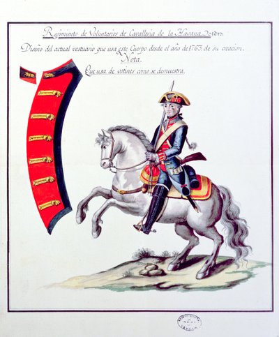 Uniform för de frivilliga vid Havannas kavalleriregemente, 1763 (tryck) av Spanish School