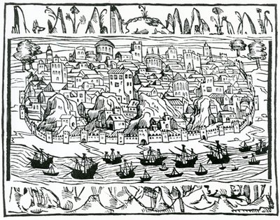 Utsikt över Lissabon från Book of Greatness and Memorable Things of Spain av Pedro Medina, 1548 av Spanish School