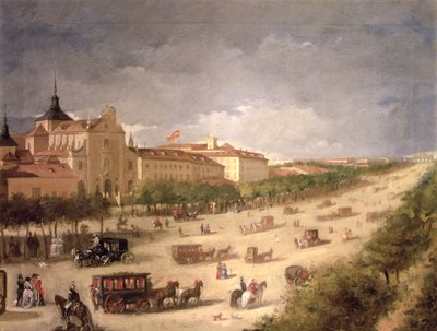 Utsikt över Calle de Alcala, Madrid (olja på duk) av Spanish School
