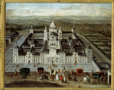 Utsikt över Escorial Palace i Spanien byggt av Filip II på 1500-talet. Anonym spansk målning från 1600-talet. Olja på duk. Mått: 1,89 x 2,41 m. av Spanish School