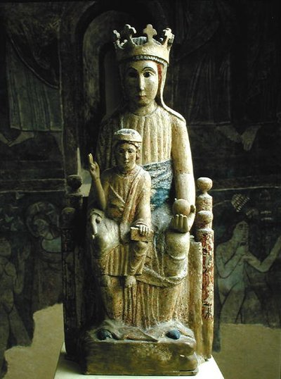 Virgin and Child, Catalan School, ca 1200 (polykrom sten) av Spanish School