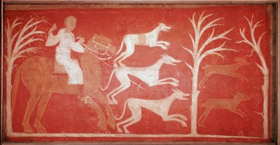 jaktscen som visar hundar som springer efter match. 1150. Fresk från eremitaget Baudelio de Berlanga, Soria. Bevara på Pradomuseet. av Spanish School