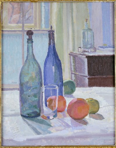 Blå och gröna flaskor och apelsiner av Spencer Frederick Gore
